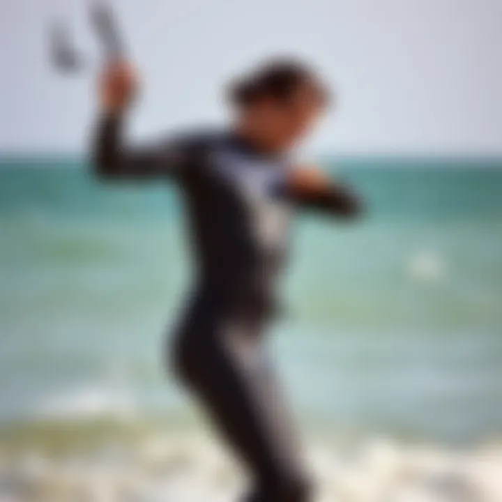 Ease of Wetsuit Wear for Kiteboarders A kiteboarder effortlessly putting on a wetsuit by the water's edge, emphasizing ease of wear.