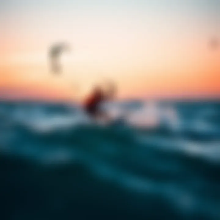 Tranquil Sunset Air Foil Surfing Scenic view of an air foil surf session at sunset, showcasing the tranquility of the sport