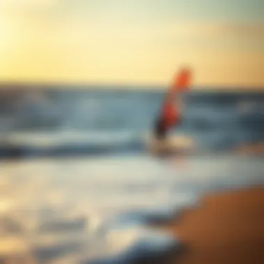 Kiteboarding and Foilboarding at Sunset A serene beach scene with kiteboarders and foilboarders enjoying the waves