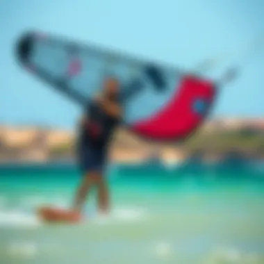 A beginner kitesurfer practicing under the guidance of an instructor.