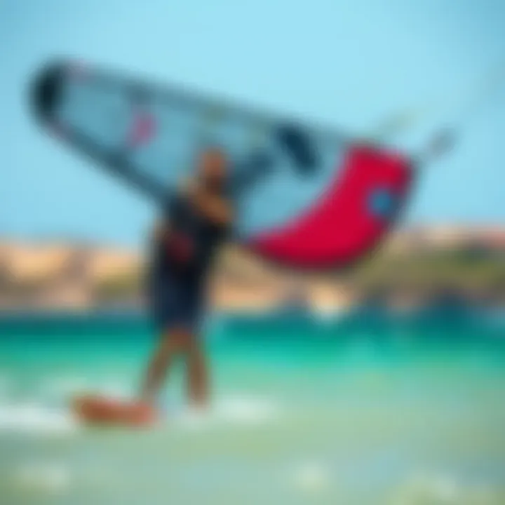 A beginner kitesurfer practicing under the guidance of an instructor.