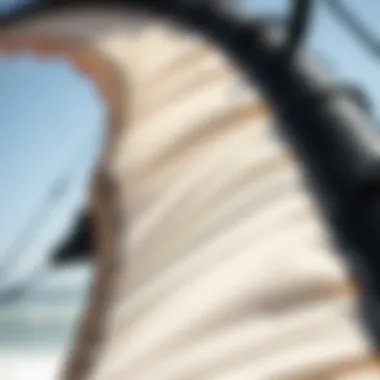 Kite Construction and Quality A close-up view of a kitesurfing kite's intricate stitching and durable materials, showcasing its quality and craftsmanship.