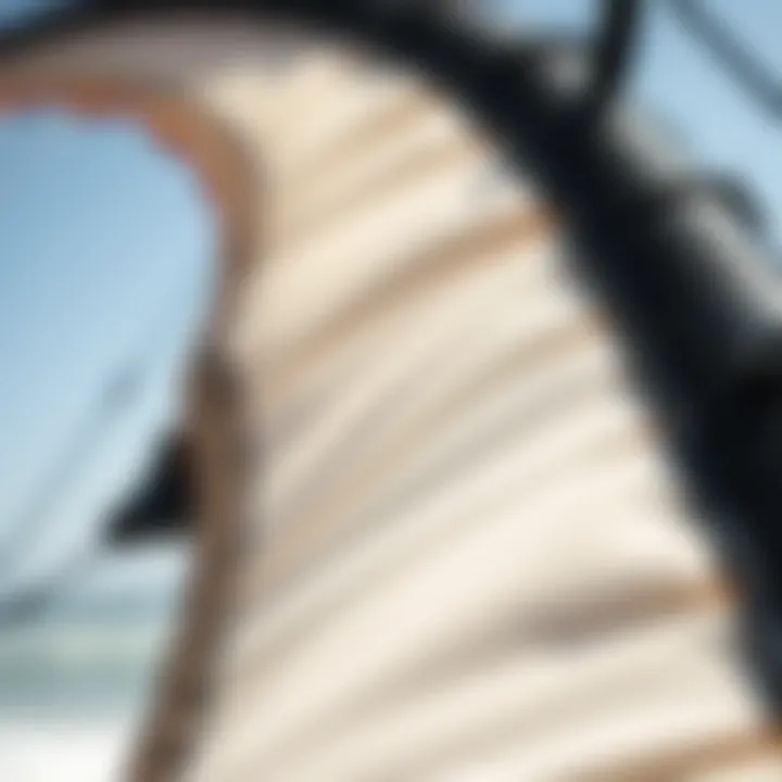 Kite Construction and Quality A close-up view of a kitesurfing kite's intricate stitching and durable materials, showcasing its quality and craftsmanship.