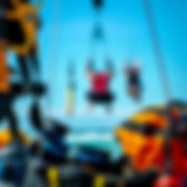 An array of kitesurfing gear including harnesses and safety equipment