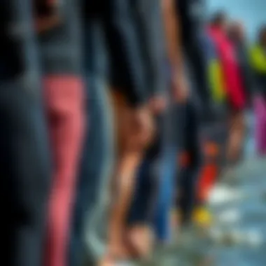 Diverse Wetsuit Materials and Thicknesses Diverse range of wetsuits showcasing various thicknesses and materials for different conditions