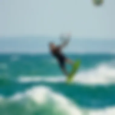 Dynamic Trick in Action A kiteboarder performing a trick in the ocean