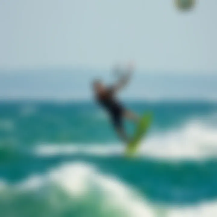 Dynamic Trick in Action A kiteboarder performing a trick in the ocean