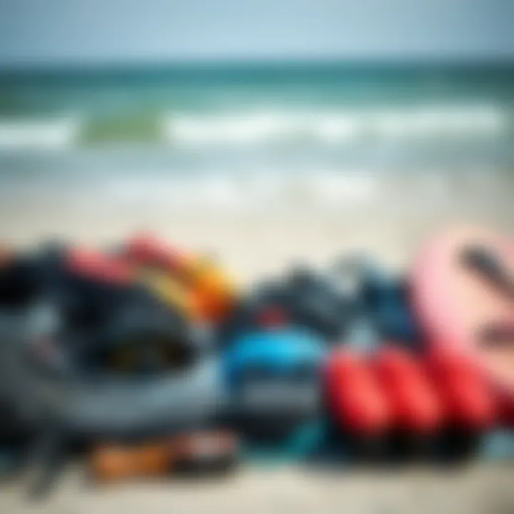 Kite surfing gear laid out for essential preparation