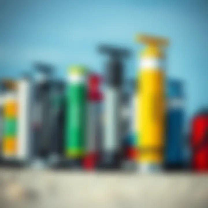 Diverse Kite Surf Pump Options An assortment of different kite surf pumps lined up for comparison