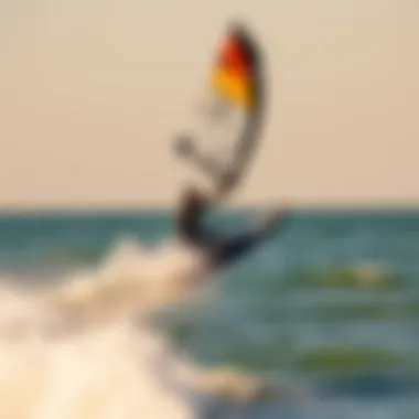 A dynamic scene of wing surfing on tranquil waters