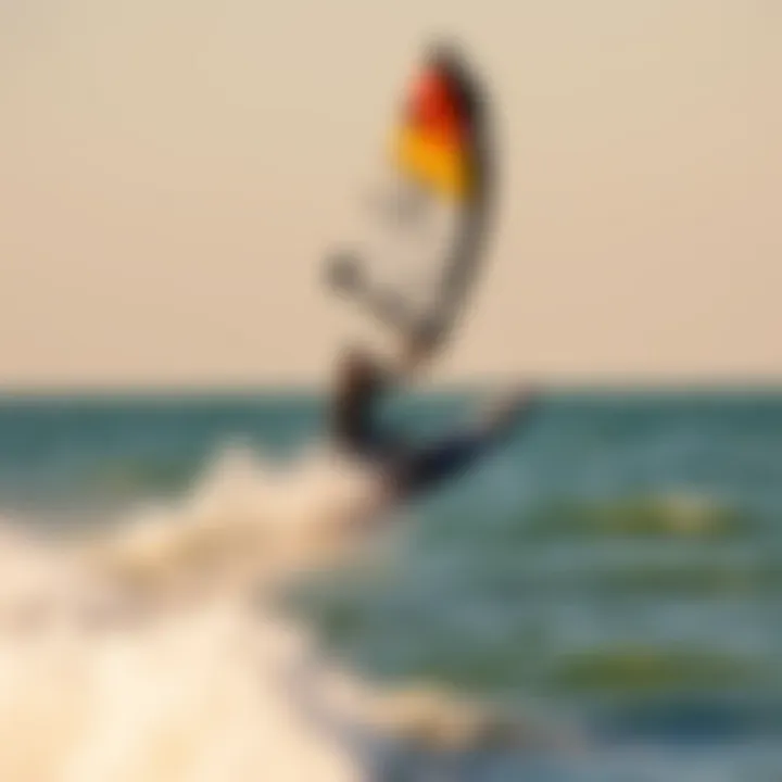A dynamic scene of wing surfing on tranquil waters