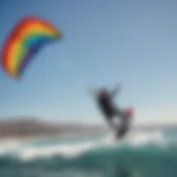 Vibrant kite surfing scene in Los Angeles with colorful kites against a blue sky.