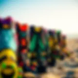 Variety of Kitesurfing Harnesses on Beach Colorful kitesurfing harness displayed on a beach