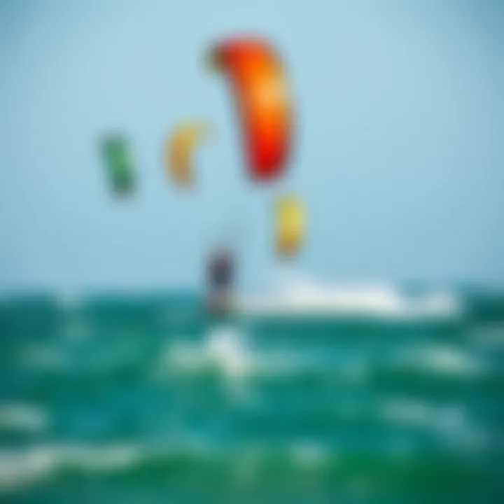Kitesurfing in Action A vibrant kitesurfing scene showcasing colorful kites soaring over the ocean