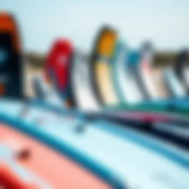 Variety of Kitesurfing Boards A selection of kitesurfing boards lined up on the beach