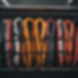Variety of kiteboard life jackets displayed on a rack