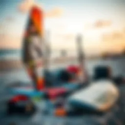 A well-organized kitesurfing gear setup on a beach