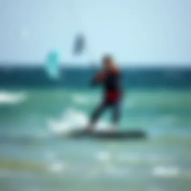 Visual representation of kiteboarder using a wetsuit in varying water conditions