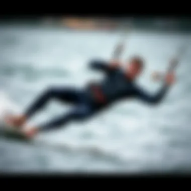 Mobility Demonstration in Kiteboarding Dry Suit An athlete demonstrating mobility and flexibility while wearing a kiteboarding dry suit on the water.