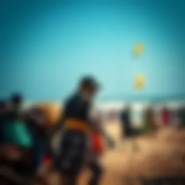 Cultural Vibrance and Kiteboarding in Diani Local cultural festivities near Diani Beach with kiteboarding activity in the background