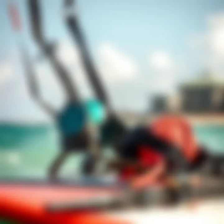 Essential Kiteboarding Equipment in Diani Close-up of kiteboarding gear set against a vibrant Diani backdrop