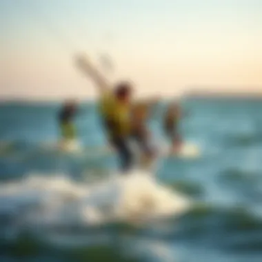 Diverse group of kite surfers practicing together on the water