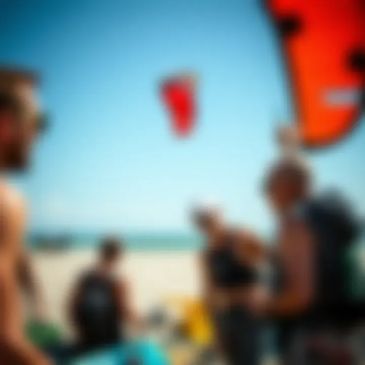Community gathering of kiteboarders sharing experiences with Duotone 12m kite
