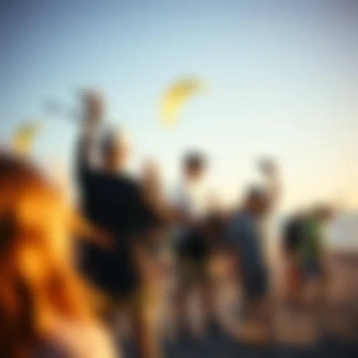 Kiteboarding Community Celebration A vibrant gathering of kiteboarding enthusiasts celebrating their passion and community