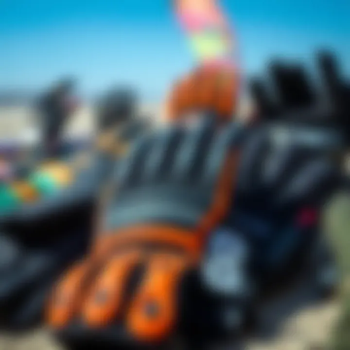Various types of kitesurf gloves laid out for comparison