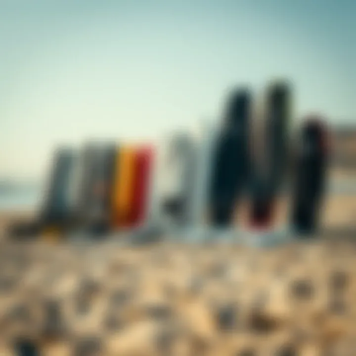 Diverse Wing Foil Board Shapes Diverse shapes of wing foil boards arranged on a beach