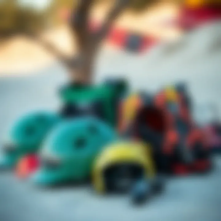 Safety Gear Essentials An assortment of safety gear including helmets and impact vests, highlighting importance in kiteboarding.