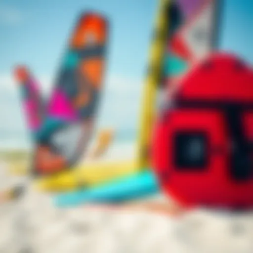 Vibrant Kitesurfing Gear on the Beach A vibrant kitesurfing setup on the beach showcasing colorful kites and boards.