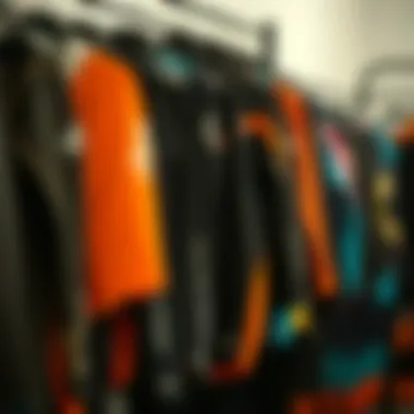 Diverse styles of evo wetsuits displayed on a rack
