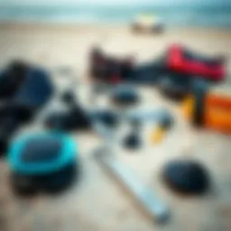 Essential kiteboarding gear laid out on a sandy beach
