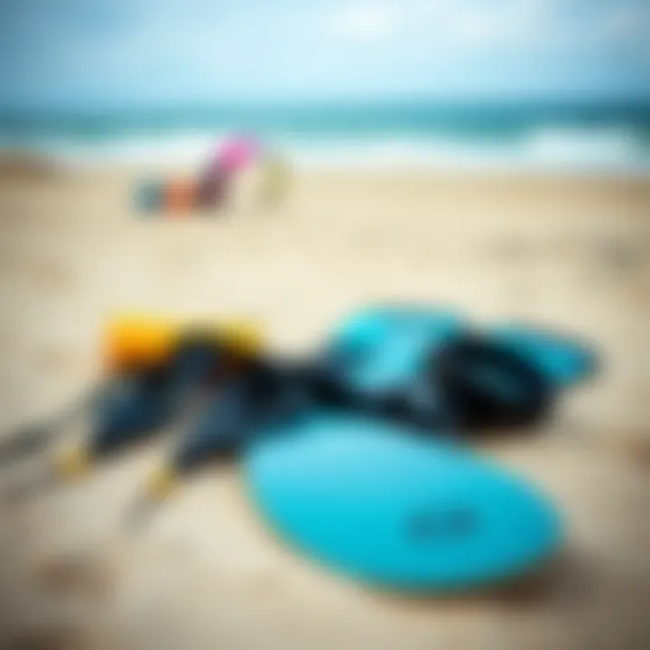 Essential Kiteboarding Gear on the Beach Kiteboarding gear laid out on the beach