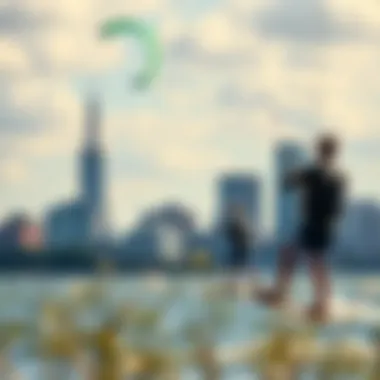 Kiteboarders Against the Boston Skyline Scenic view of kiteboarders against the Boston skyline