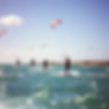 Kiteboarders in Action on a Picturesque Bay Group of kiteboarders navigating the waves in a scenic bay