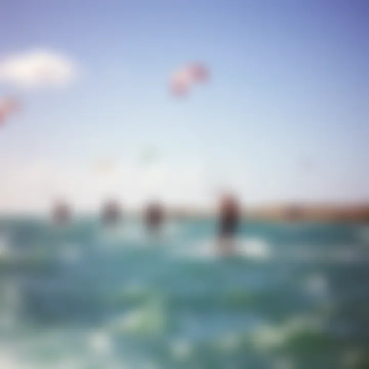 Kiteboarders in Action on a Picturesque Bay Group of kiteboarders navigating the waves in a scenic bay