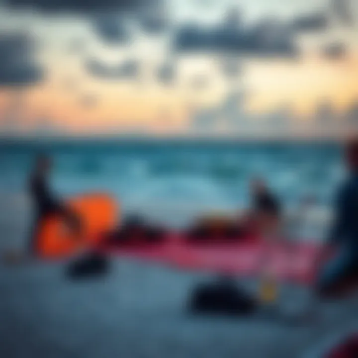 Beachside Kiteboarding Preparation at Dusk Kiteboarding setup on a beautiful beach at sunset