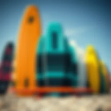 Diverse Styles and Colors of Duotone Kiteboards An array of duotone kiteboards demonstrating various styles and colors