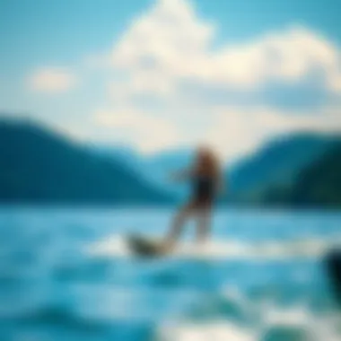 User enjoying an exhilarating ride on the electric water boogie board, surrounded by picturesque natural scenery.