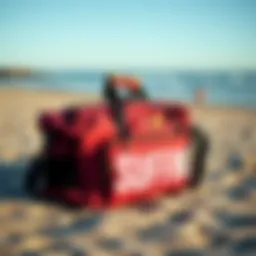 Stylish surfing travel bag on a sandy beach