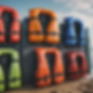 A diverse selection of surfing life vests displayed in an outdoor setting