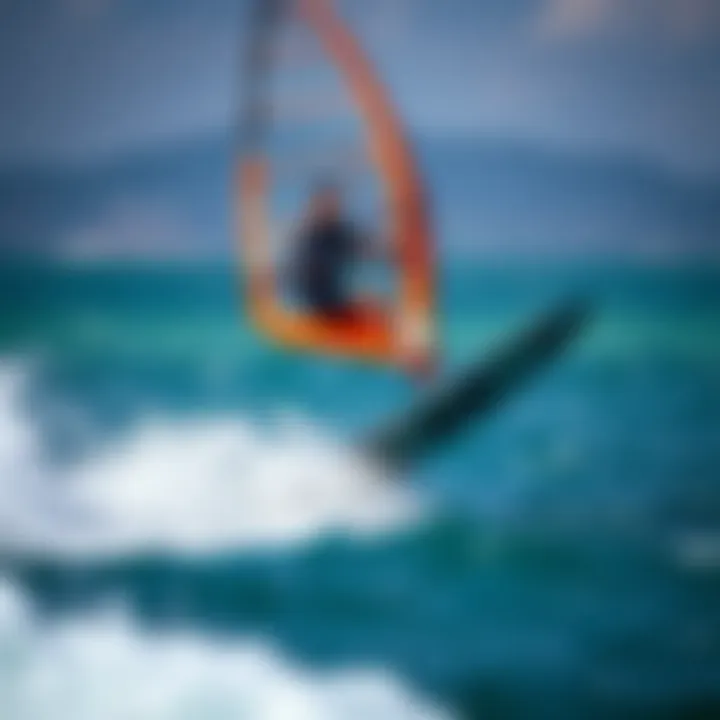 Expert Maneuvering on Hydrofoil Windsurfer maneuvering expertly above water on a hydrofoil