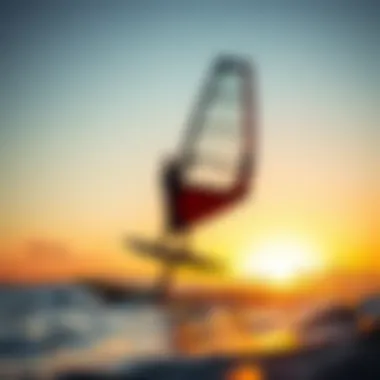 Scenic Hydrofoil Windsurfing at Sunset Scenic view of hydrofoil windsurfing against a sunset backdrop