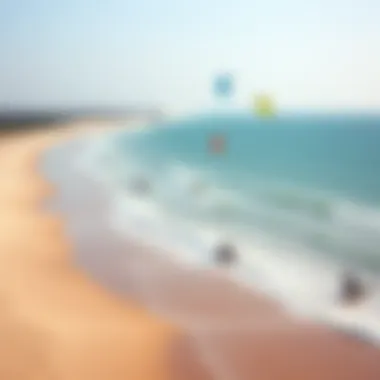 An aerial view of a serene beach with kiteboarders using small kites in the water.