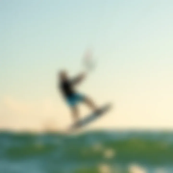 A kiteboarder skillfully maneuvering with a small kite on a sunny day.
