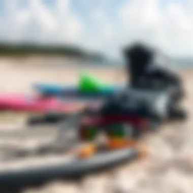 Kiteboarding Gear Detailed view of kiteboarding equipment laid out on the shore
