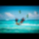 Vibrant kiteboarders gliding over turquoise waters
