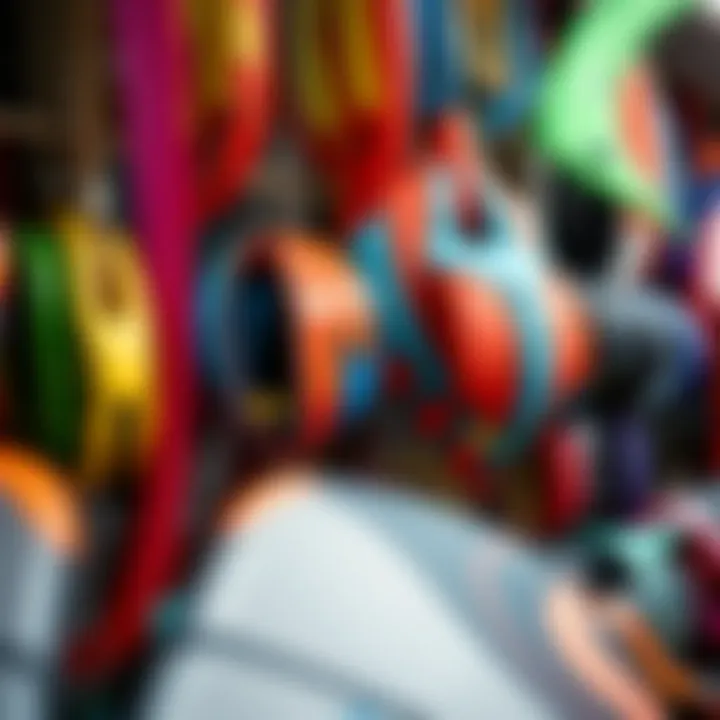 A close-up of various kite sizes and shapes displayed in a local shop